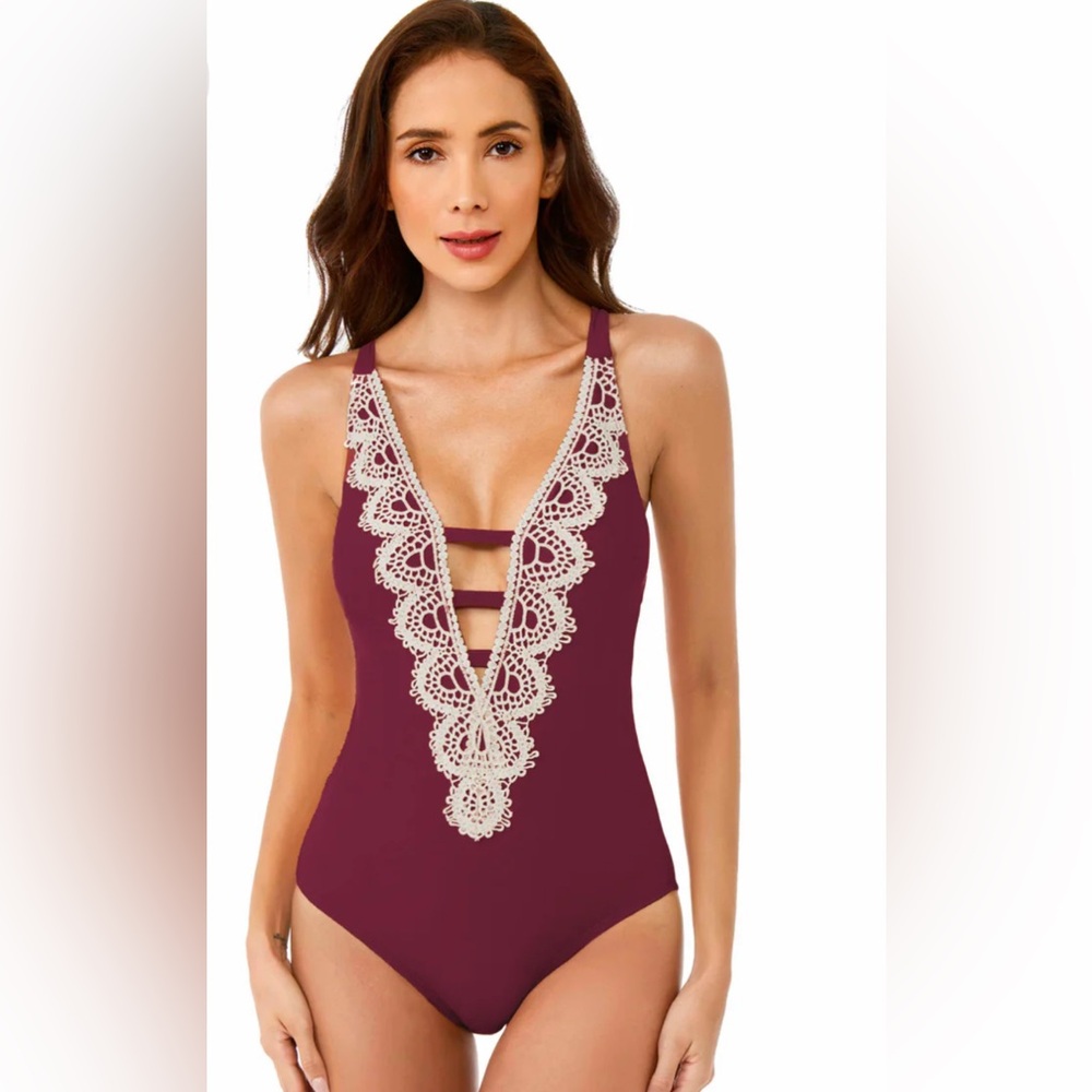 NWT BCA XS Burgundy Swimsuit One Piece Plunge Neck Lace Crochet Front Boho
